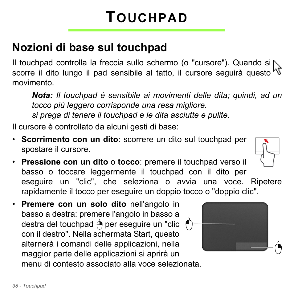 Touchpad, Nozioni di base sul touchpad, Ouchpad | Acer Aspire V5-551G User Manual | Page 408 / 3584