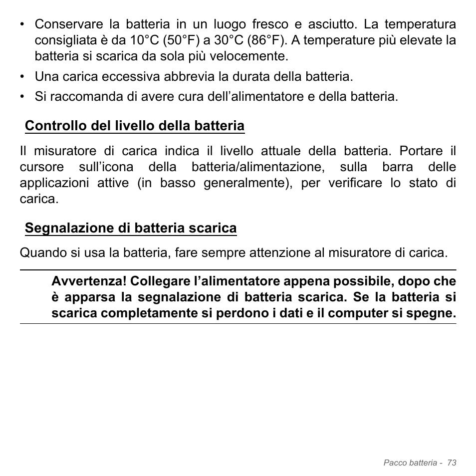 Controllo del livello della batteria, Segnalazione di batteria scarica | Acer Aspire V5-551G User Manual | Page 443 / 3584