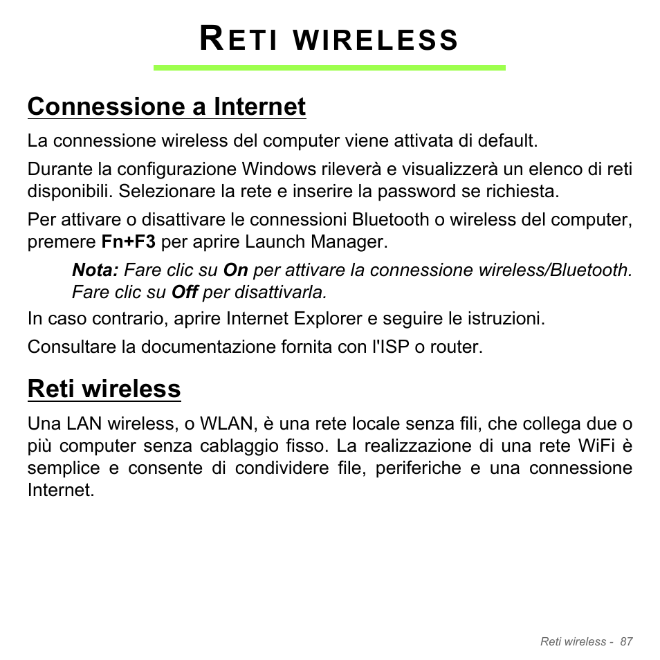 Reti wireless, Connessione a internet, Connessione a internet reti wireless | Wireless | Acer Aspire V5-551G User Manual | Page 457 / 3584