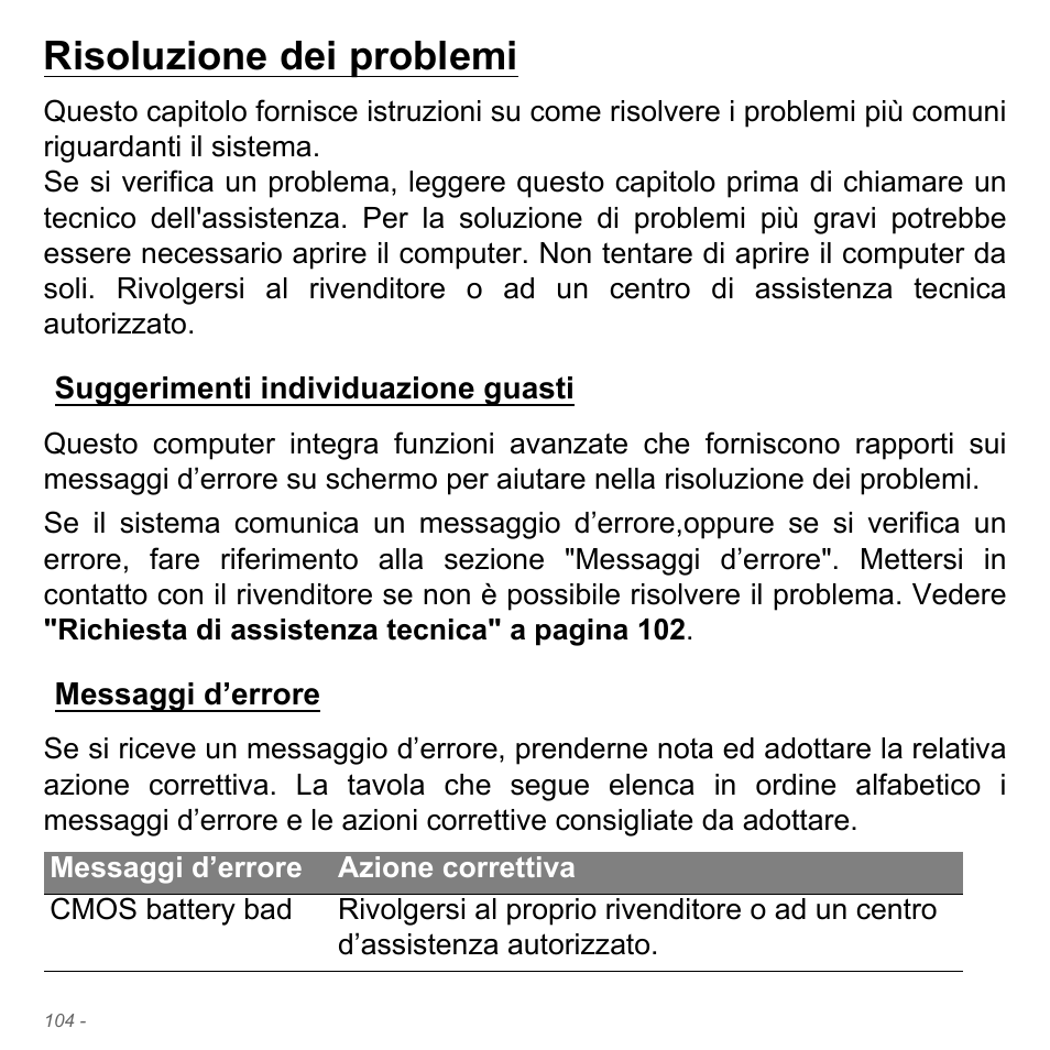 Risoluzione dei problemi, Suggerimenti individuazione guasti, Messaggi d’errore | Acer Aspire V5-551G User Manual | Page 474 / 3584