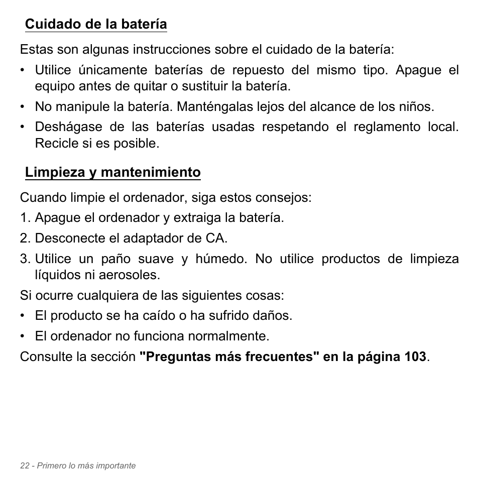 Cuidado de la batería, Limpieza y mantenimiento, Cuidado de la batería limpieza y mantenimiento | Acer Aspire V5-551G User Manual | Page 514 / 3584
