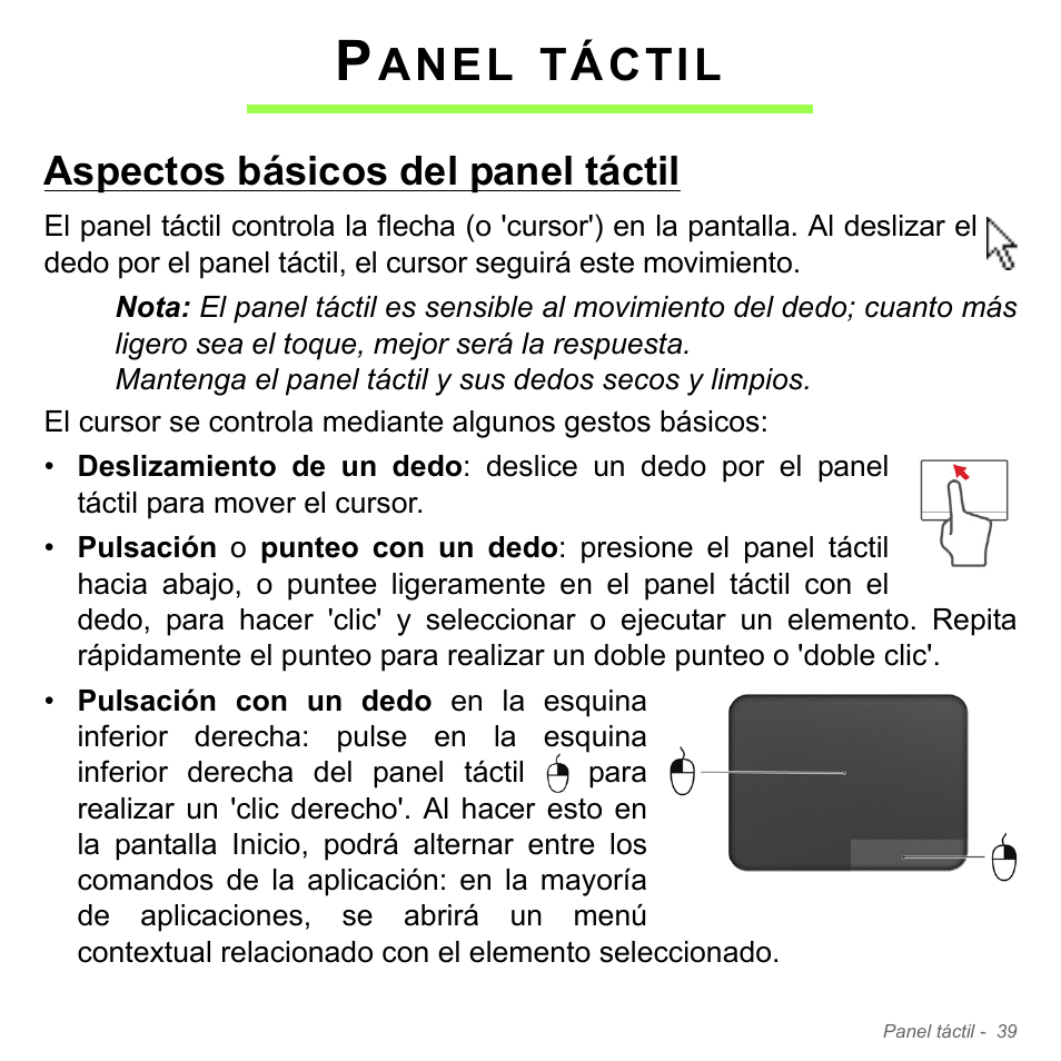 Panel táctil, Aspectos básicos del panel táctil, Anel | Táctil | Acer Aspire V5-551G User Manual | Page 531 / 3584