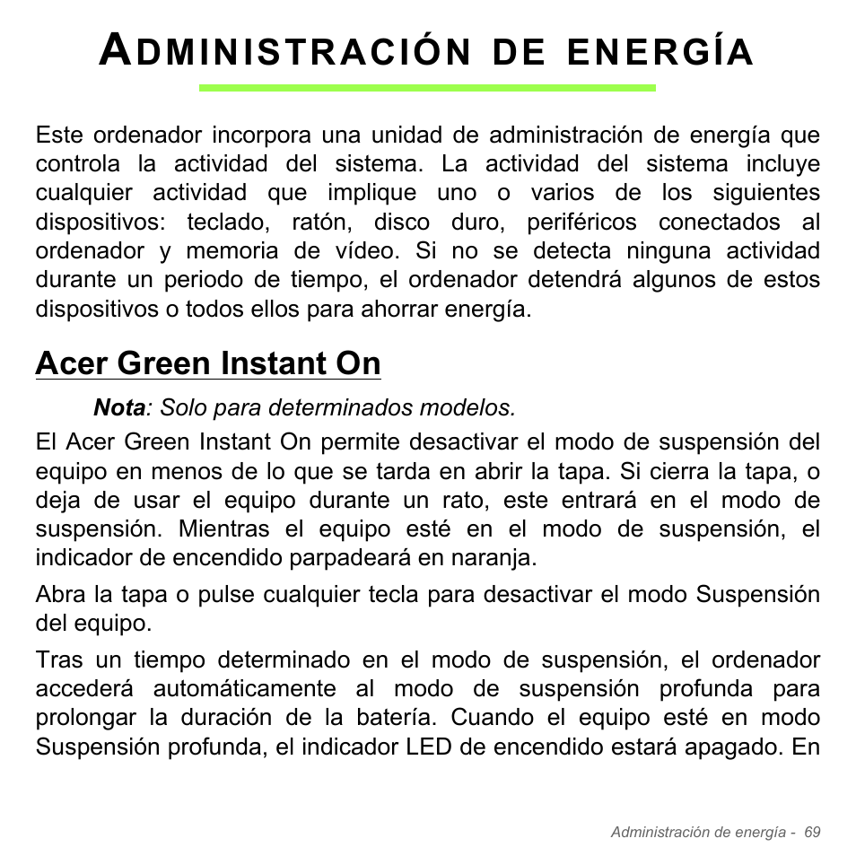 Administración de energía, Acer green instant on, Dministración | Energía | Acer Aspire V5-551G User Manual | Page 561 / 3584