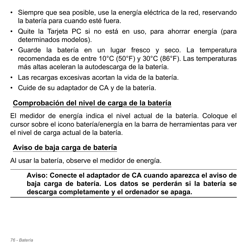 Comprobación del nivel de carga de la batería, Aviso de baja carga de batería | Acer Aspire V5-551G User Manual | Page 568 / 3584