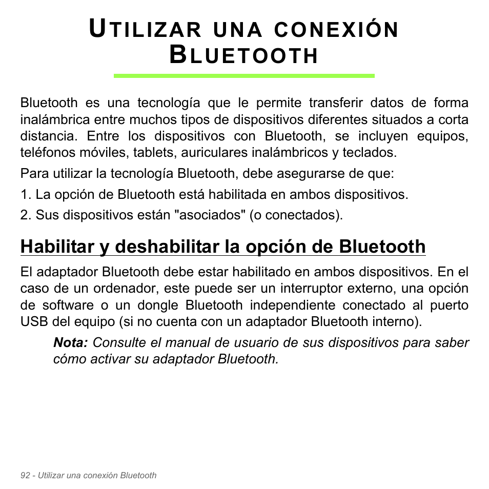 Utilizar una conexión bluetooth, Habilitar y deshabilitar la opción de bluetooth | Acer Aspire V5-551G User Manual | Page 584 / 3584