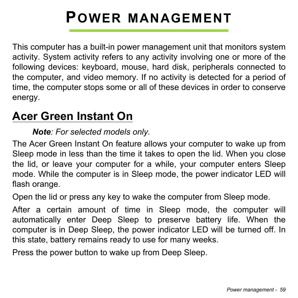 Power management, Acer green instant on, Ower | Management | Acer Aspire V5-551G User Manual | Page 61 / 3584