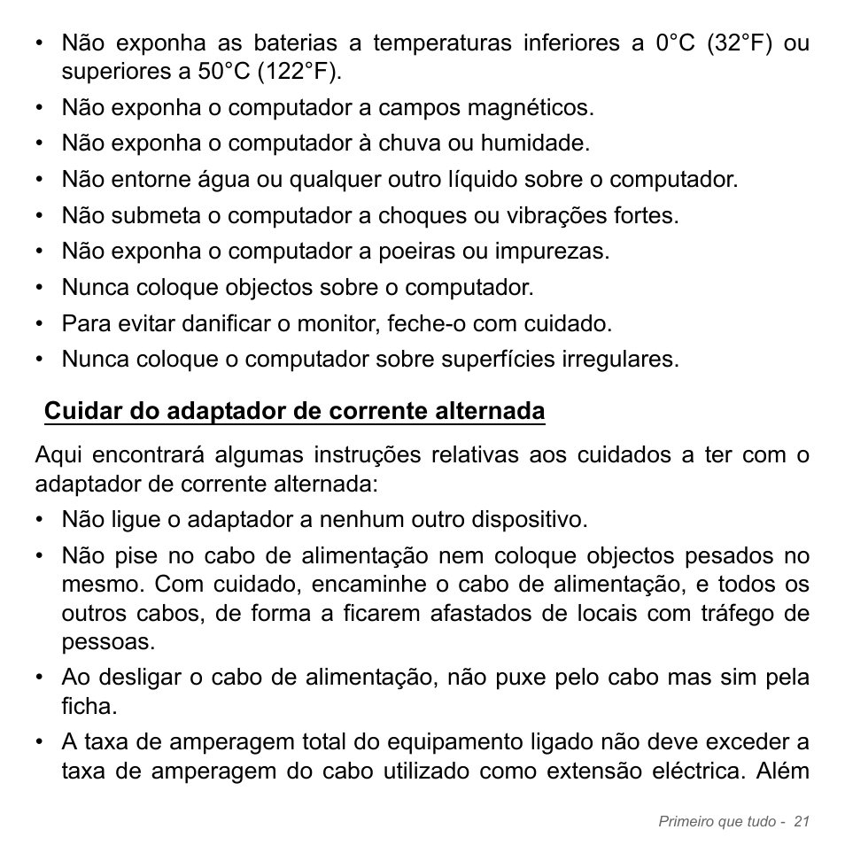 Cuidar do adaptador de corrente alternada | Acer Aspire V5-551G User Manual | Page 639 / 3584