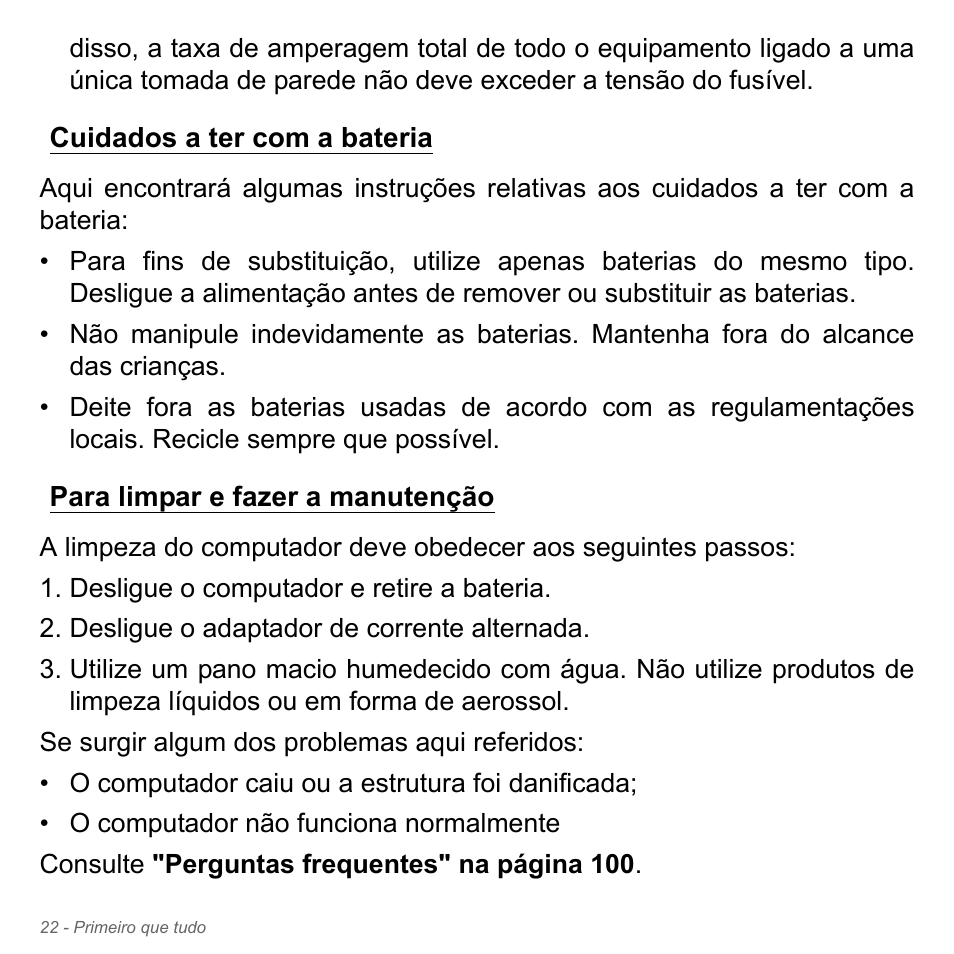 Cuidados a ter com a bateria, Para limpar e fazer a manutenção | Acer Aspire V5-551G User Manual | Page 640 / 3584