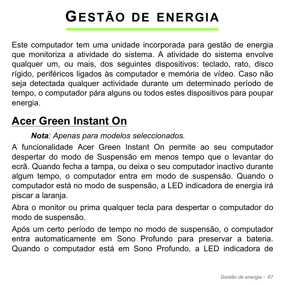 Gestão de energia, Acer green instant on, Estão | Energia | Acer Aspire V5-551G User Manual | Page 685 / 3584