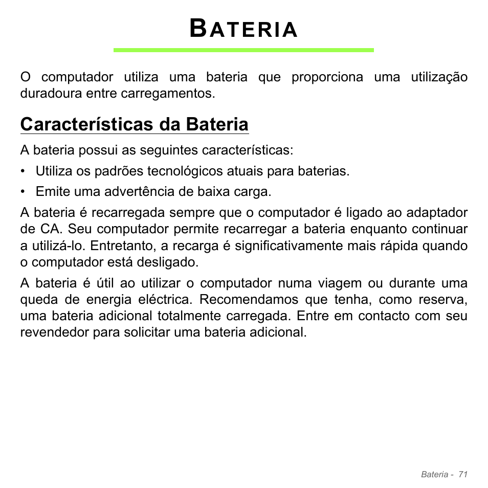 Bateria, Características da bateria, Ateria | Acer Aspire V5-551G User Manual | Page 689 / 3584