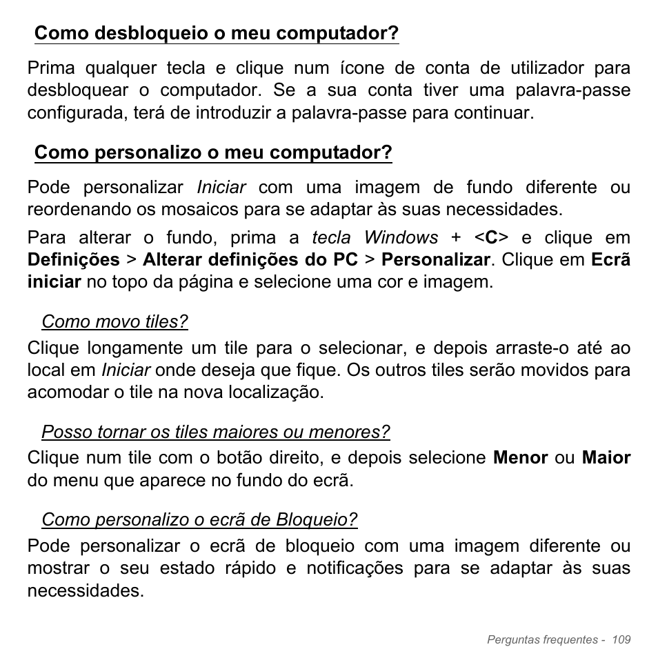 Como desbloqueio o meu computador, Como personalizo o meu computador, Como desbloqueio o meu | Acer Aspire V5-551G User Manual | Page 727 / 3584