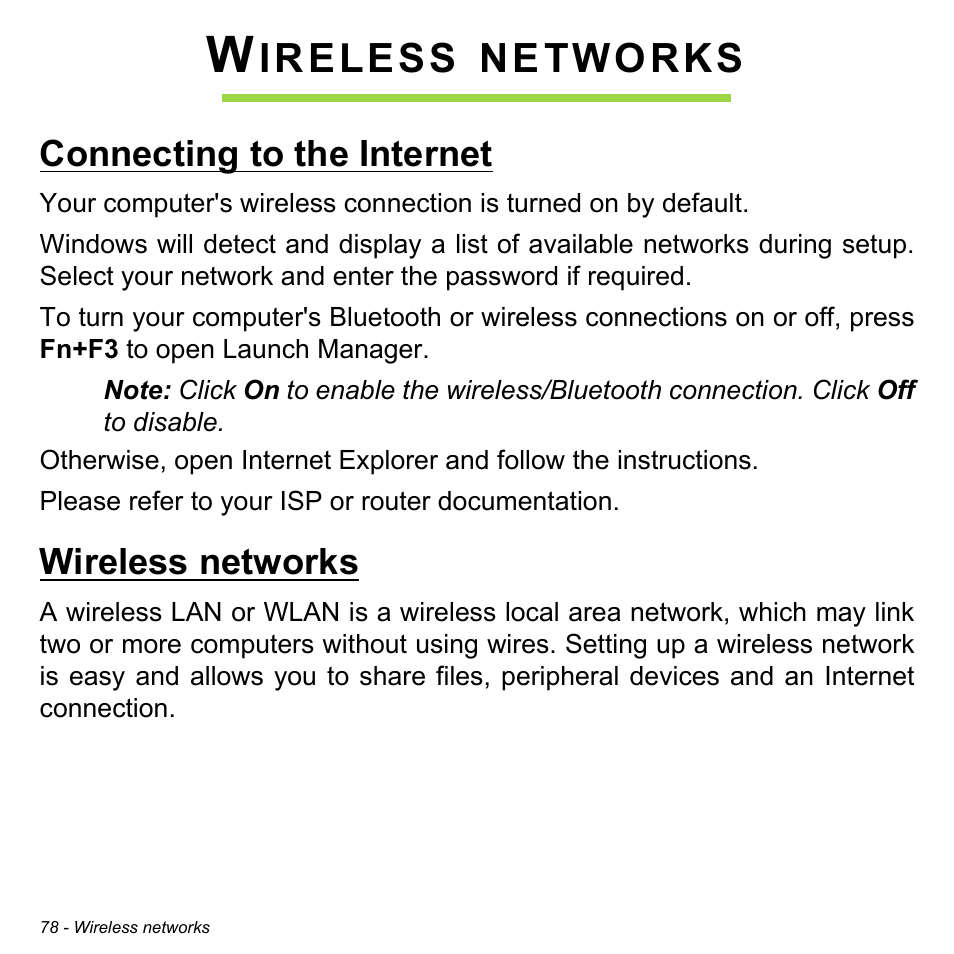 Wireless networks, Connecting to the internet, Connecting to the internet wireless networks | Ireless, Networks | Acer Aspire V5-551G User Manual | Page 80 / 3584