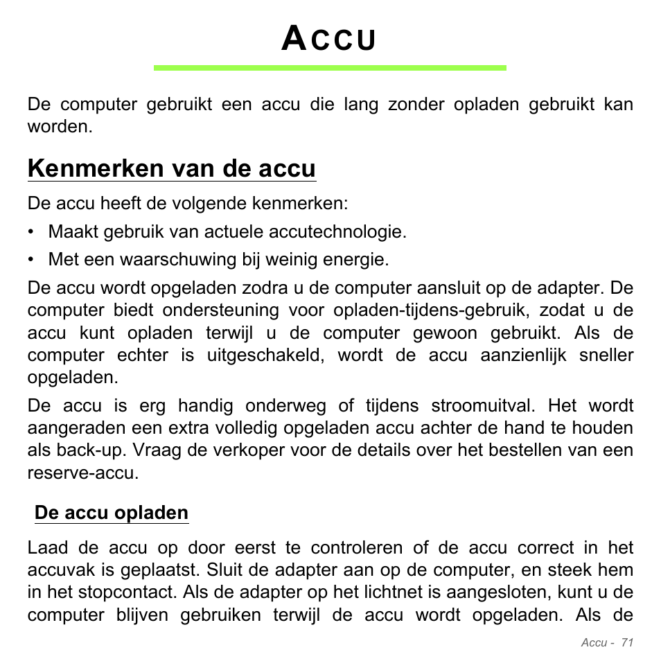 Accu, Kenmerken van de accu, De accu opladen | Acer Aspire V5-551G User Manual | Page 813 / 3584