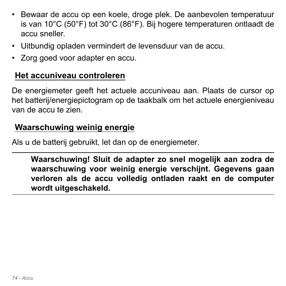 Het accuniveau controleren, Waarschuwing weinig energie | Acer Aspire V5-551G User Manual | Page 816 / 3584