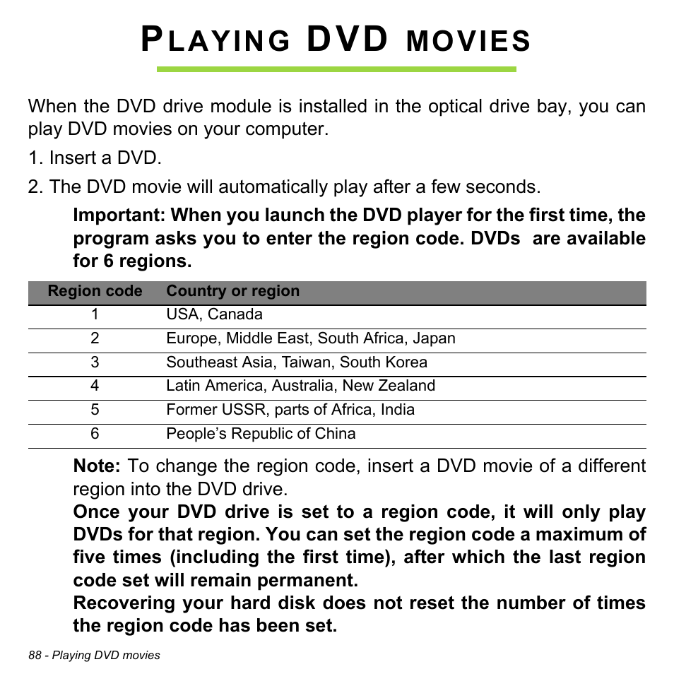 Playing dvd movies, Laying, Movies | Acer Aspire V5-551G User Manual | Page 90 / 3584