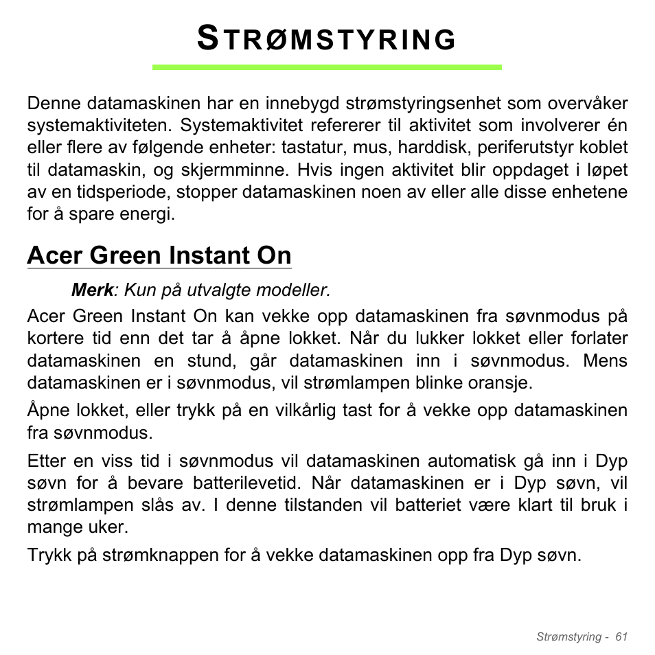 Strømstyring, Acer green instant on, Trømstyring | Acer Aspire V5-551G User Manual | Page 927 / 3584