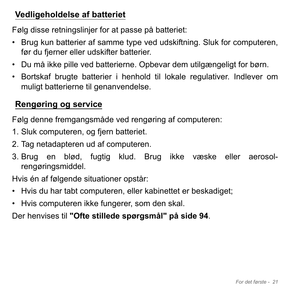 Vedligeholdelse af batteriet, Rengøring og service, Vedligeholdelse af batteriet rengøring og service | Acer Aspire V5-551G User Manual | Page 999 / 3584