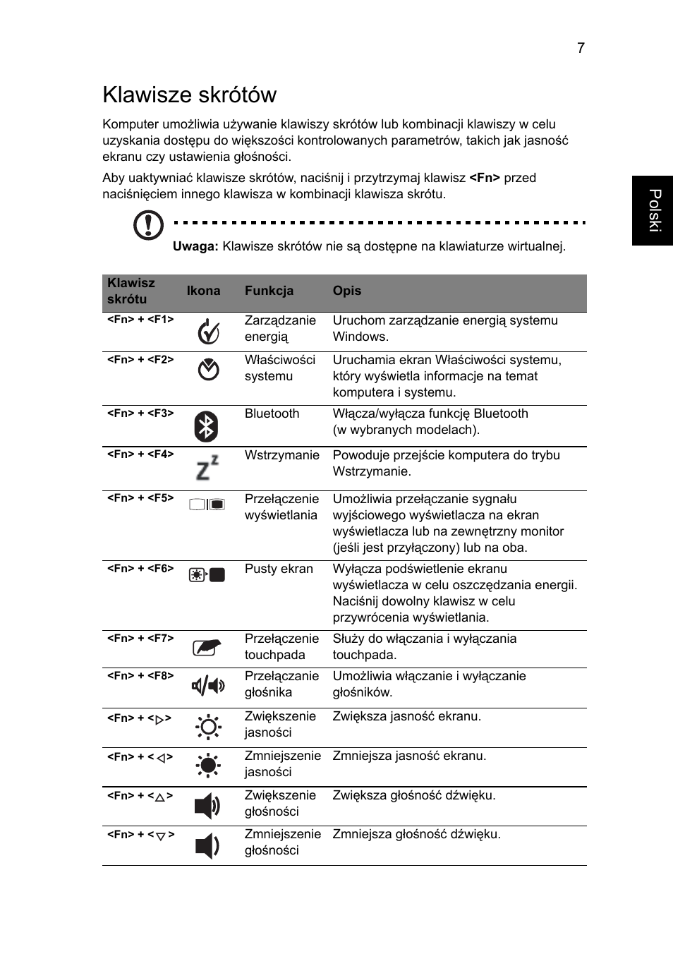 Klawisze skrótów, Polski | Acer Aspire 1425P User Manual | Page 157 / 378