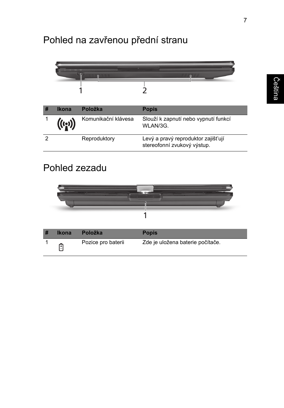 Pohled na zavřenou přední stranu, Pohled zezadu, Pohled na zavřenou přední stranu pohled zezadu | Acer Aspire 1425P User Manual | Page 181 / 378