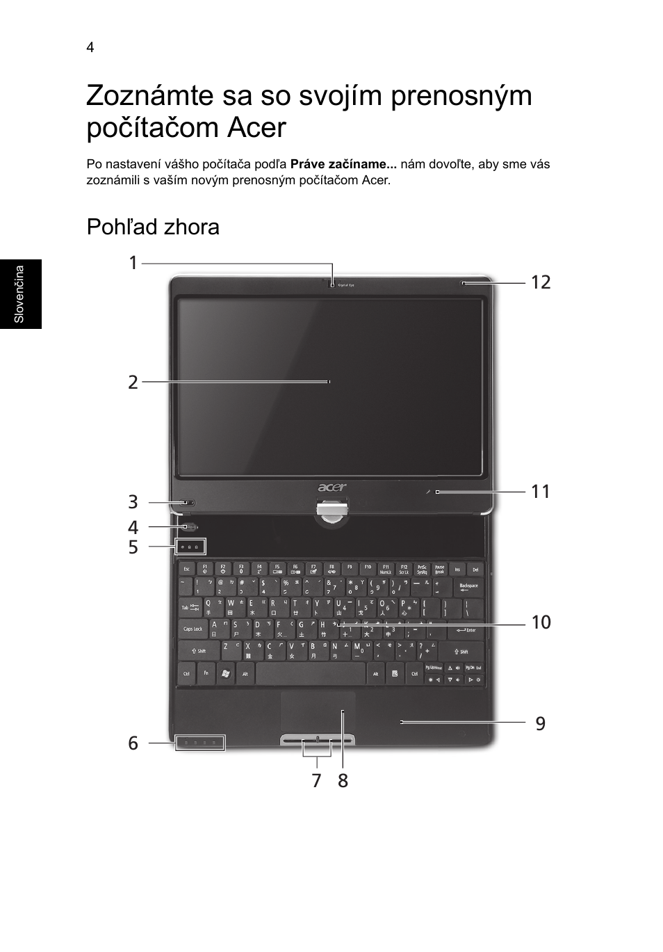 Zoznámte sa so svojím prenosným počítačom acer, Pohľad zhora | Acer Aspire 1425P User Manual | Page 190 / 378