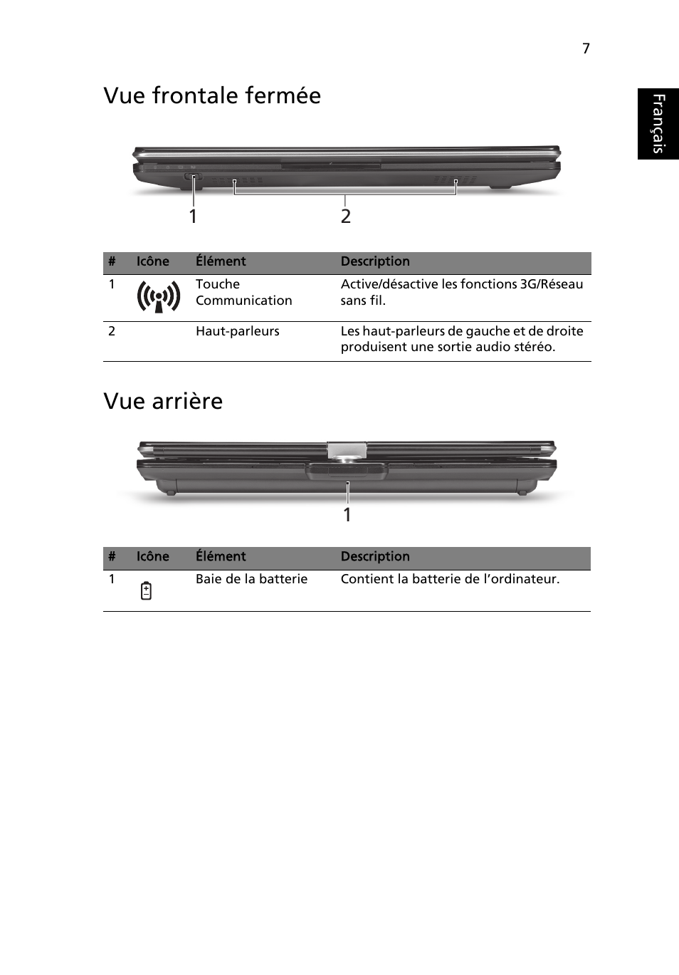 Vue frontale fermée, Vue arrière, Vue frontale fermée vue arrière | Français | Acer Aspire 1425P User Manual | Page 21 / 378