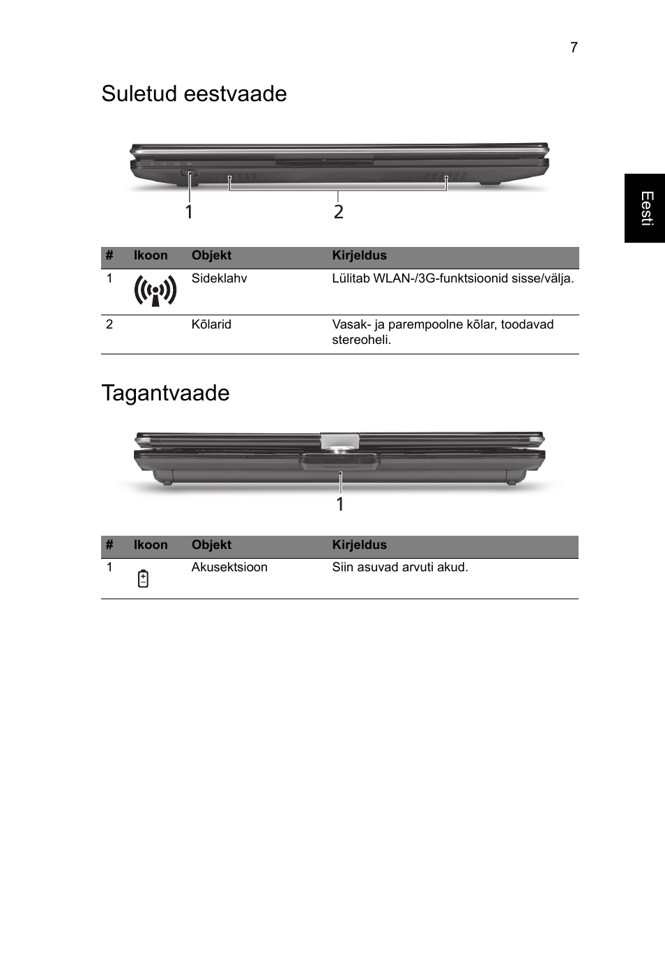 Suletud eestvaade, Tagantvaade, Suletud eestvaade tagantvaade | Acer Aspire 1425P User Manual | Page 253 / 378