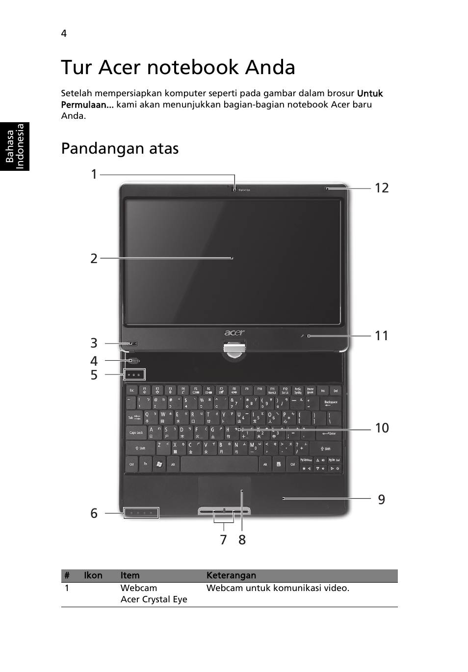 Tur acer notebook anda, Pandangan atas | Acer Aspire 1425P User Manual | Page 358 / 378