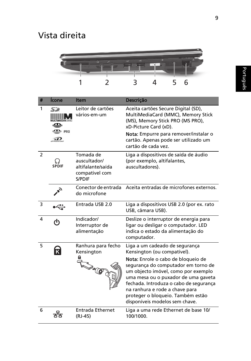 Vista direita | Acer Aspire 1425P User Manual | Page 73 / 378