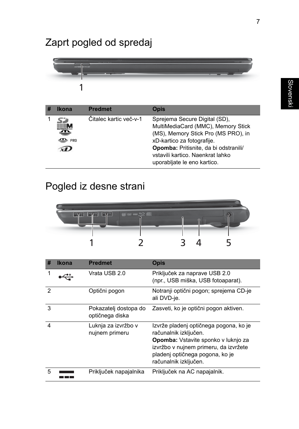 Zaprt pogled od spredaj, Pogled iz desne strani, Zaprt pogled od spredaj pogled iz desne strani | Acer Aspire 4553G User Manual | Page 185 / 332