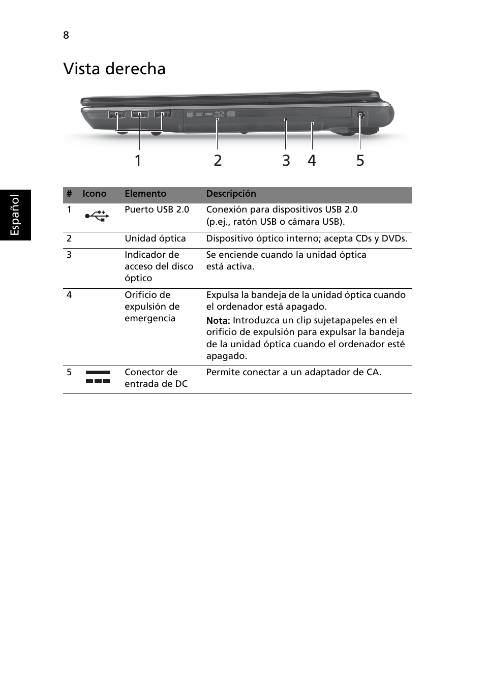 Vista derecha | Acer Aspire 4553G User Manual | Page 54 / 332