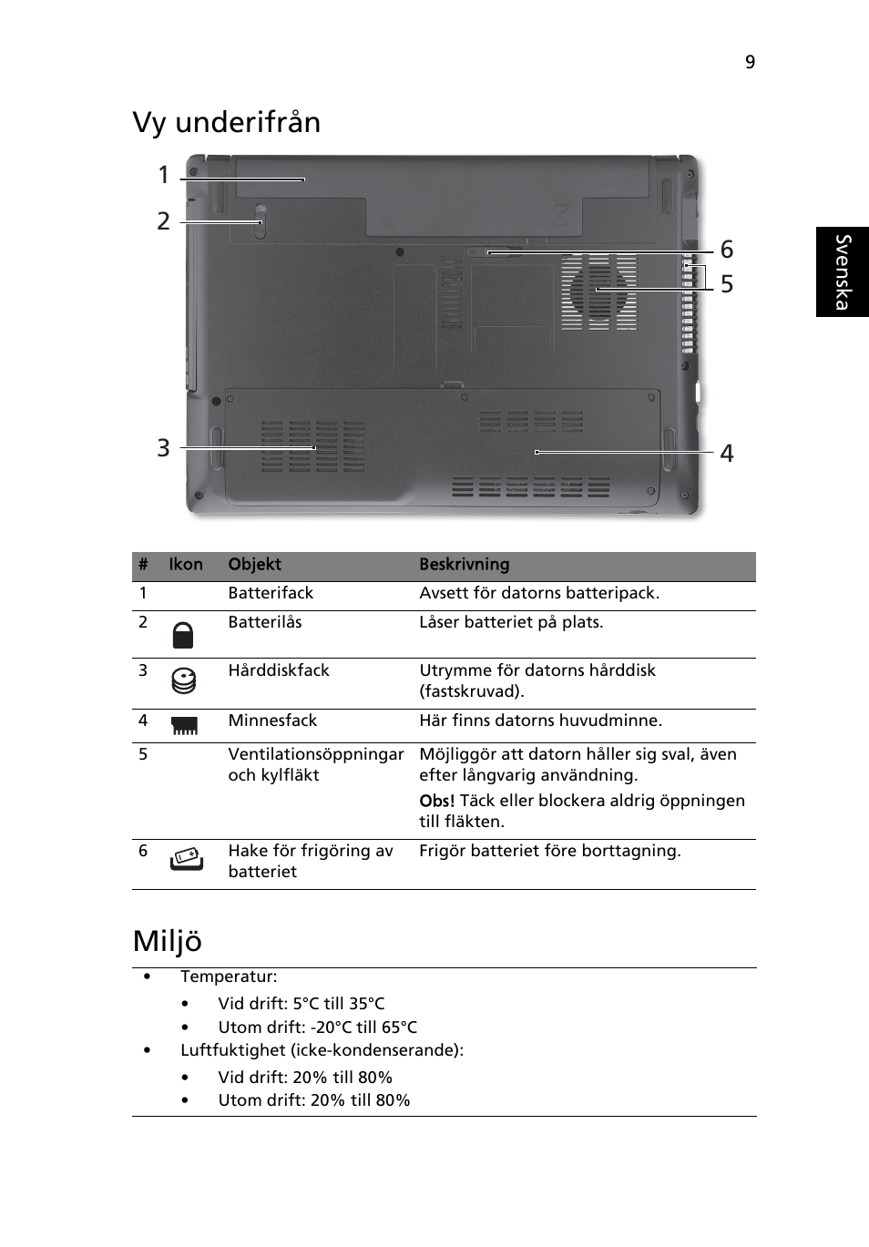 Vy underifrån, Miljö, Vy underifrån miljö | Acer Aspire 4551G User Manual | Page 103 / 314