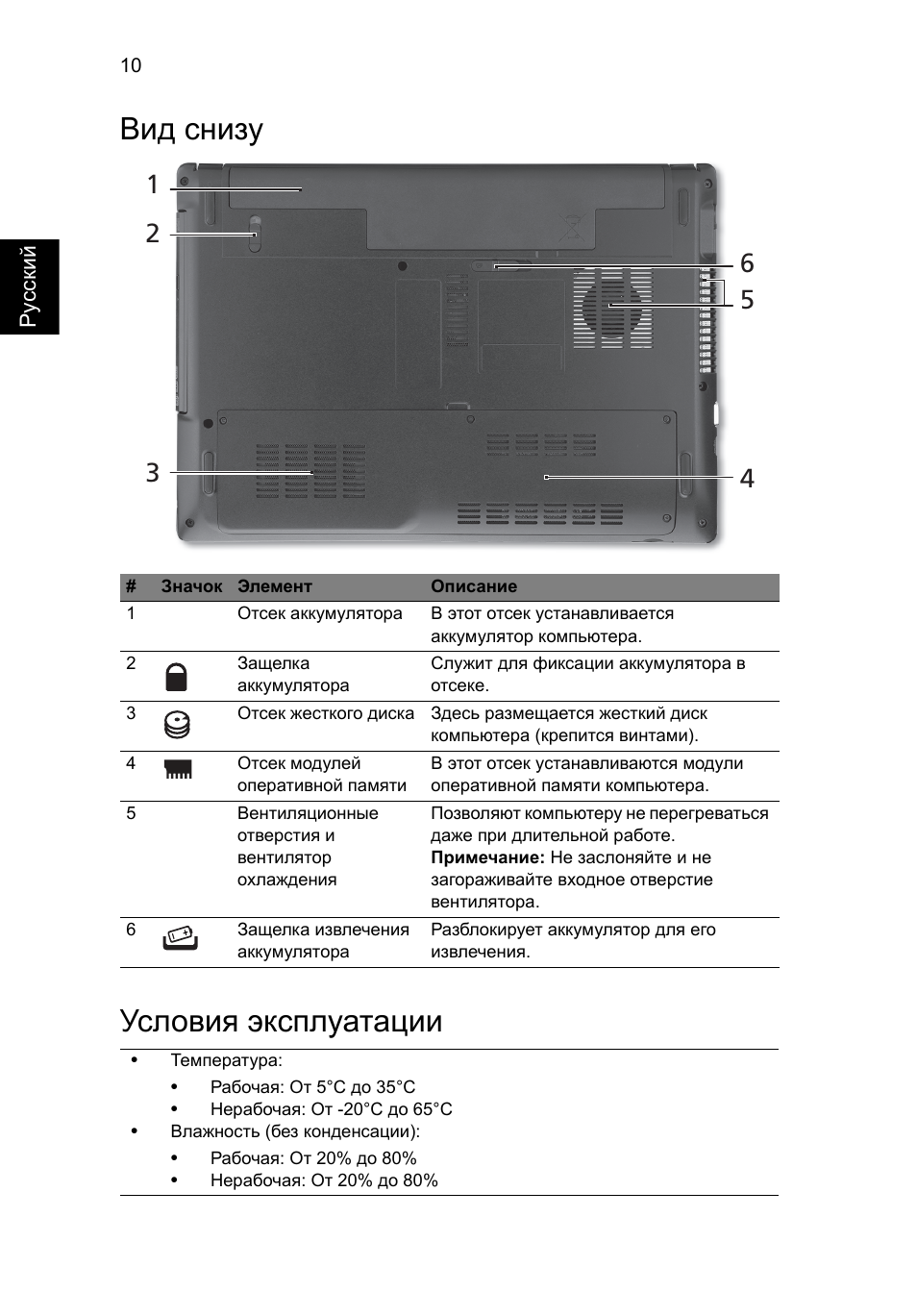 Вид снизу, Условия эксплуатации, Вид снизу условия эксплуатации | Acer Aspire 4551G User Manual | Page 124 / 314