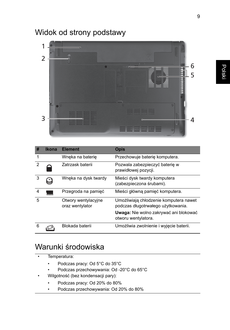 Widok od strony podstawy, Warunki środowiska, Widok od strony podstawy warunki środowiska | Acer Aspire 4551G User Manual | Page 133 / 314