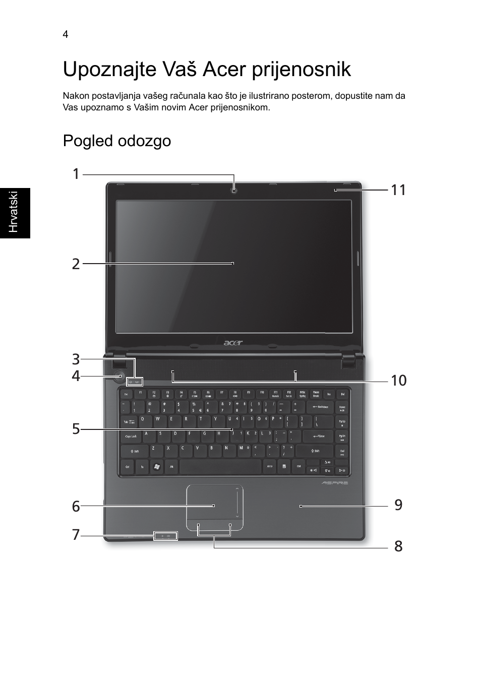 Upoznajte vaš acer prijenosnik, Pogled odozgo | Acer Aspire 4551G User Manual | Page 178 / 314