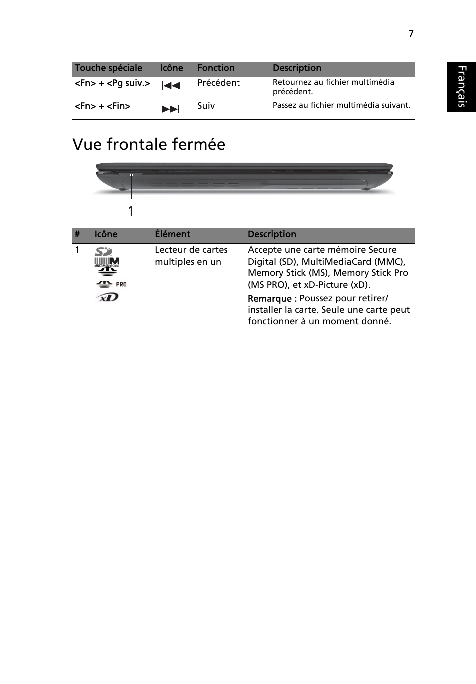 Vue frontale fermée, Français | Acer Aspire 4551G User Manual | Page 19 / 314