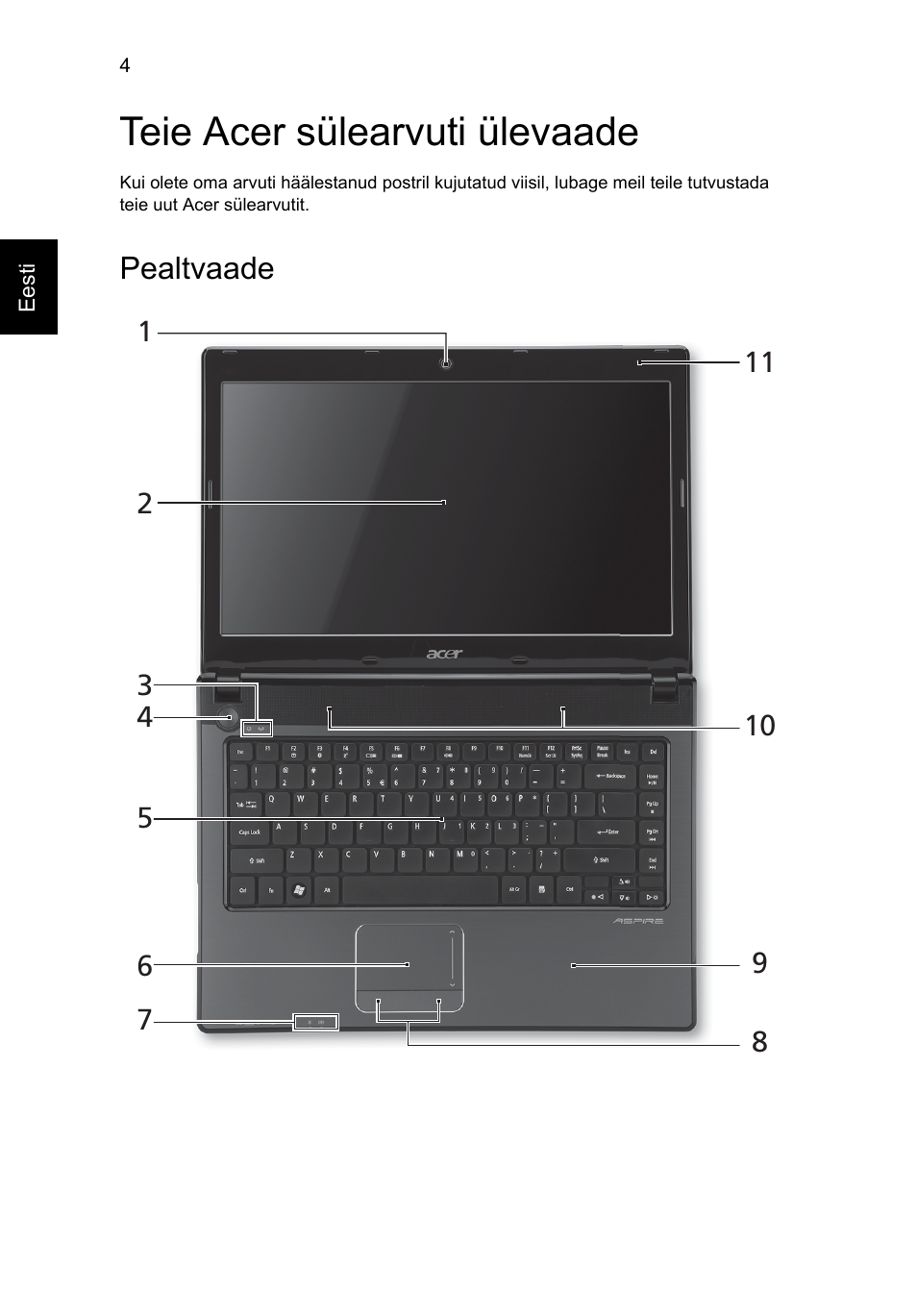 Teie acer sülearvuti ülevaade, Pealtvaade | Acer Aspire 4551G User Manual | Page 208 / 314