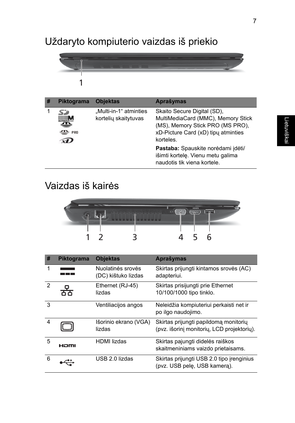 Uždaryto kompiuterio vaizdas iš priekio, Vaizdas iš kairės | Acer Aspire 4551G User Manual | Page 231 / 314