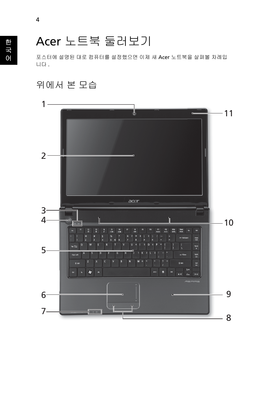 Acer 노트북 둘러보기, 위에서 본 모습 | Acer Aspire 4551G User Manual | Page 268 / 314