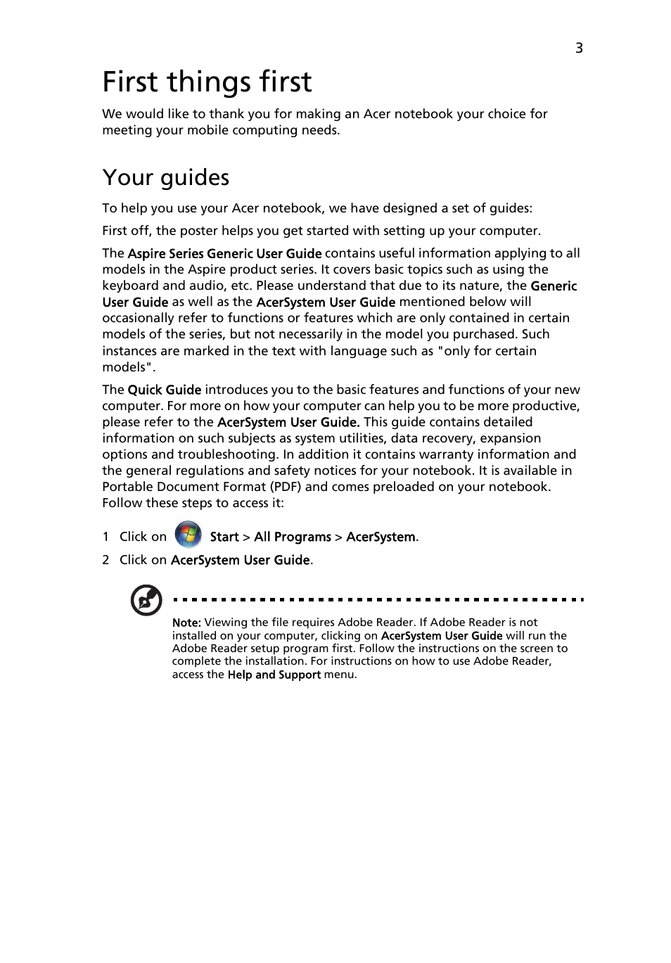 First things first, Your guides | Acer Aspire 4551G User Manual | Page 5 / 314