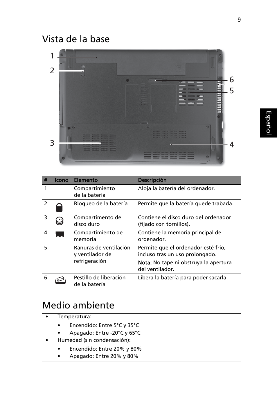 Vista de la base, Medio ambiente, Vista de la base medio ambiente | Acer Aspire 4551G User Manual | Page 51 / 314