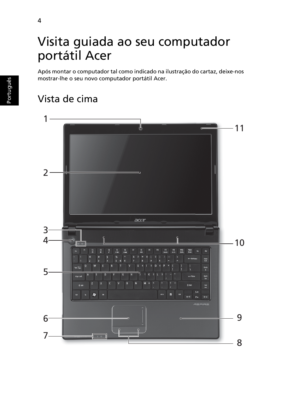 Visita guiada ao seu computador portátil acer, Vista de cima | Acer Aspire 4551G User Manual | Page 58 / 314