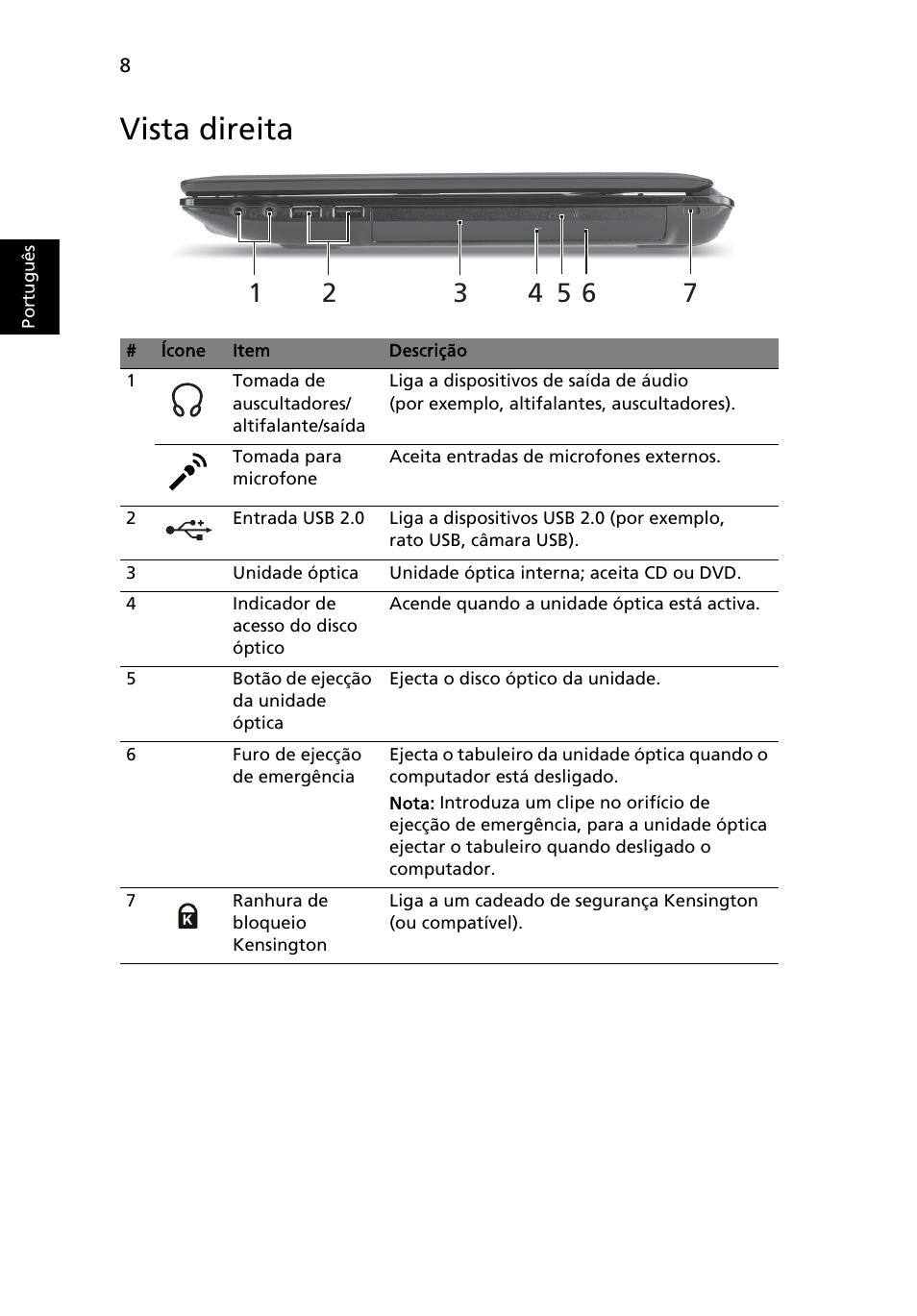 Vista direita | Acer Aspire 4551G User Manual | Page 62 / 314