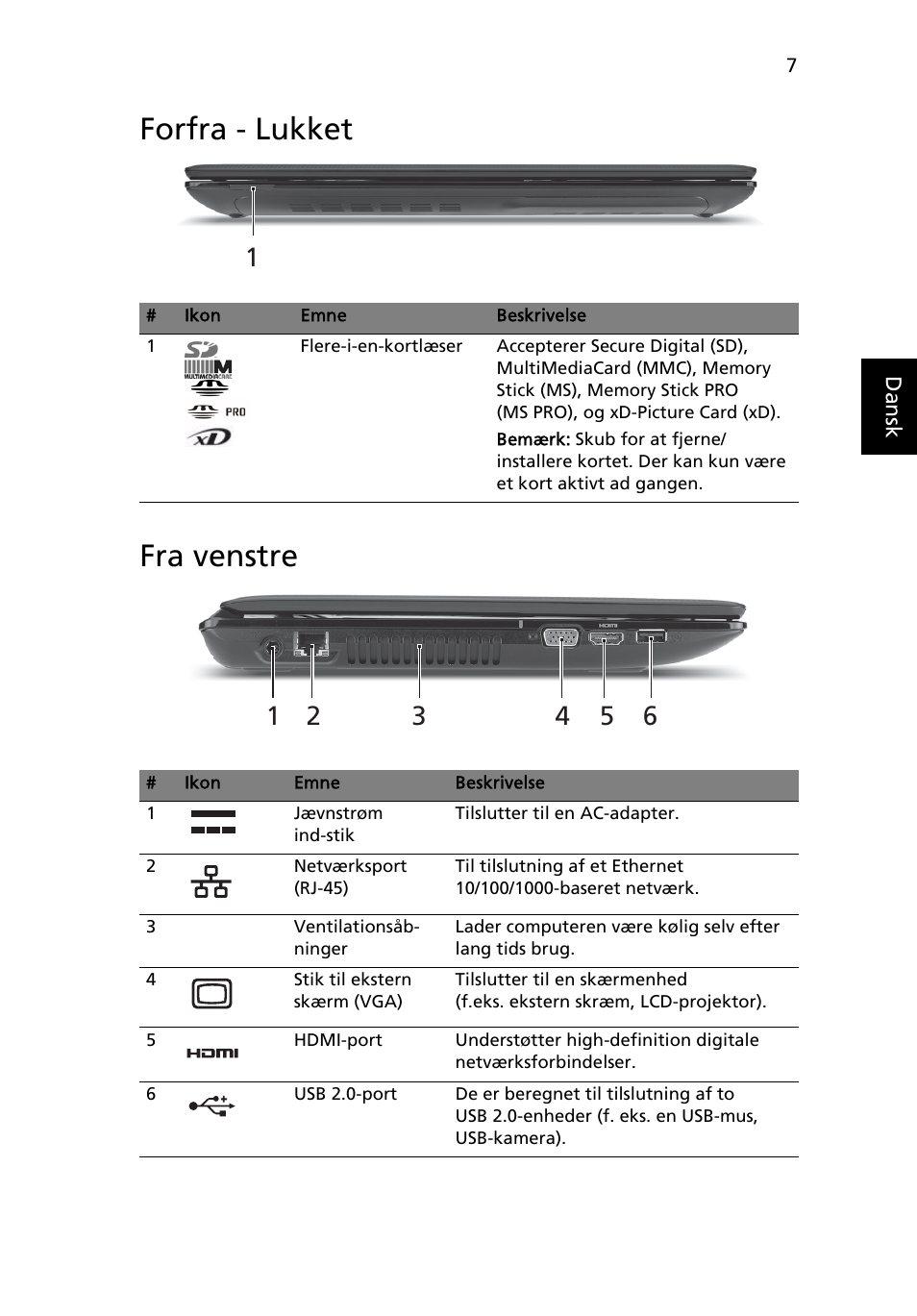 Forfra - lukket, Fra venstre, Forfra - lukket fra venstre | Acer Aspire 4551G User Manual | Page 91 / 314