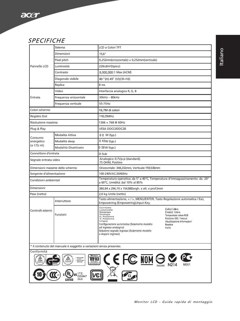 Specifiche | Acer X163WL User Manual | Page 11 / 55
