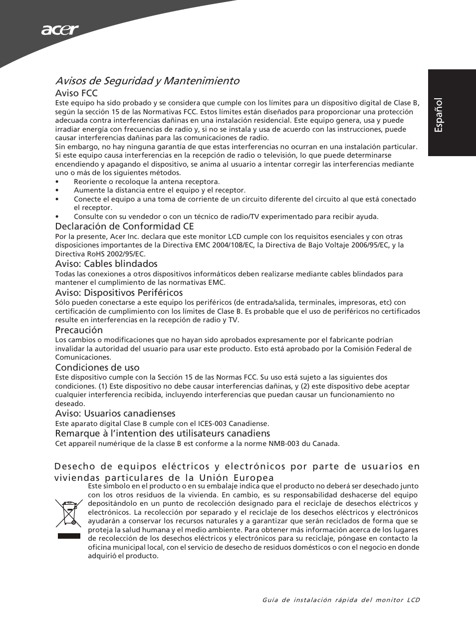 Avisos de seguridad y mantenimiento, Es p añ o l | Acer X163WL User Manual | Page 13 / 55