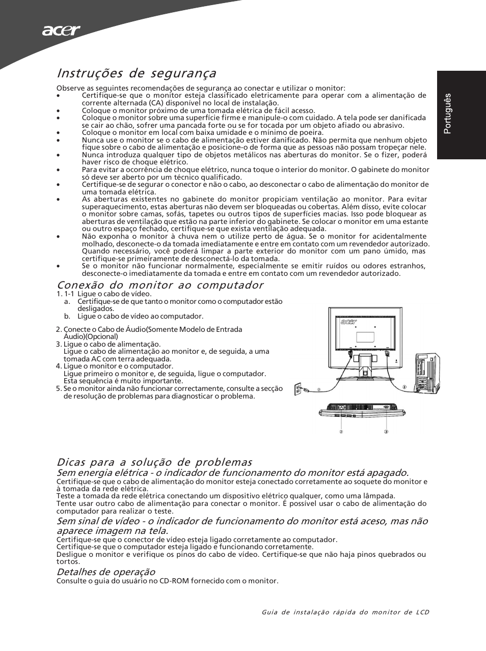 Instruções de segurança, Detalhes de operação | Acer X163WL User Manual | Page 15 / 55