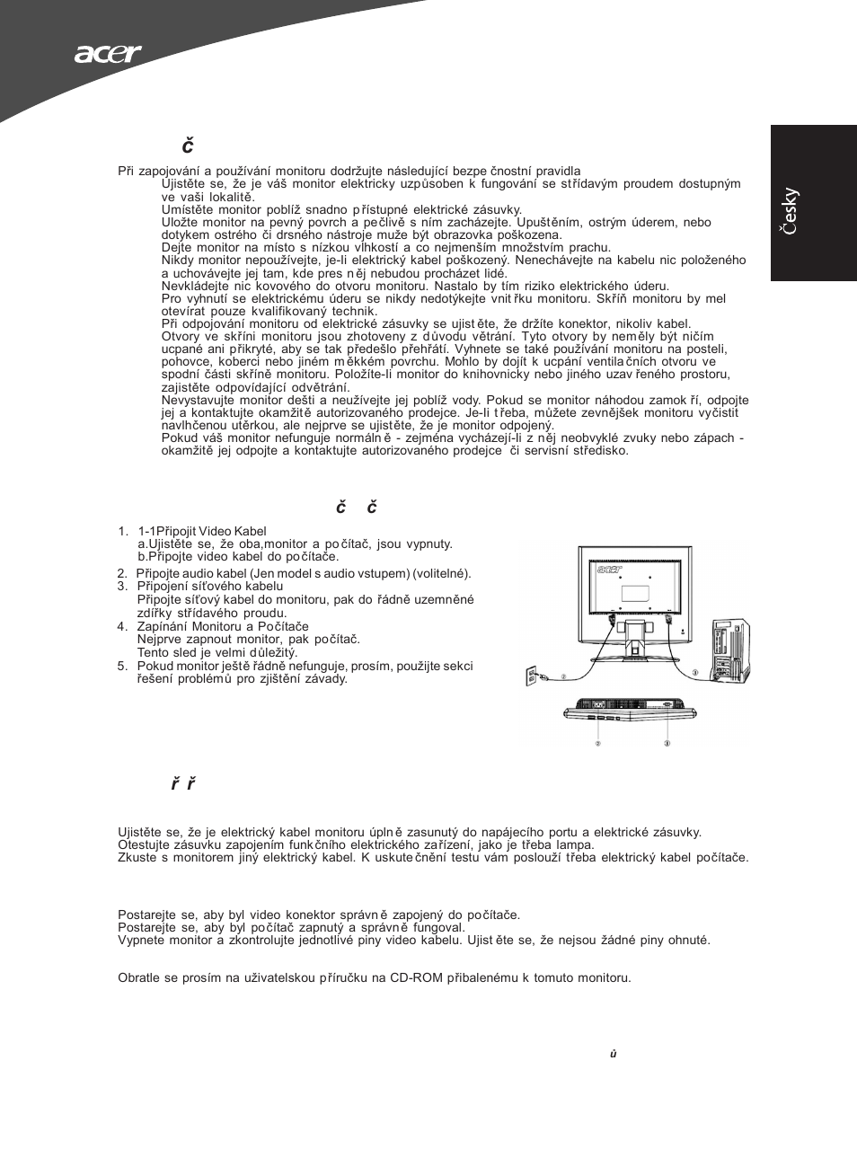 Bezpe čnostní pokyny, Propojte váš monitor s po čítačem, Tipy p ři řešení problému | Acer X163WL User Manual | Page 25 / 55