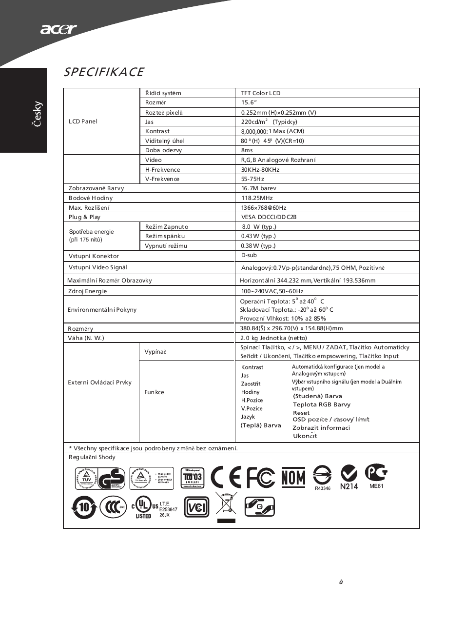 Specifikace | Acer X163WL User Manual | Page 26 / 55