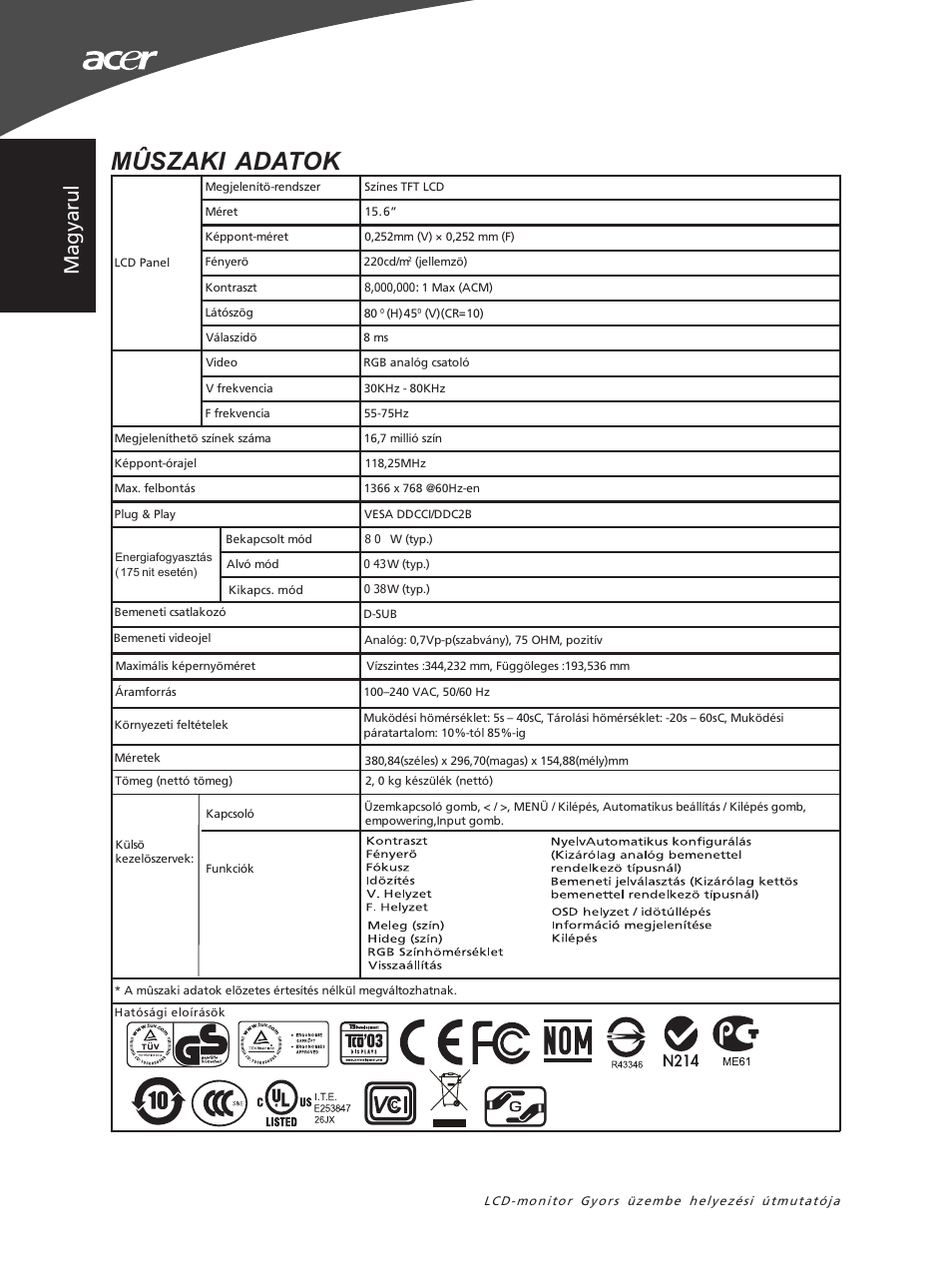 Mûszaki adatok, Ma gy ar ul | Acer X163WL User Manual | Page 28 / 55