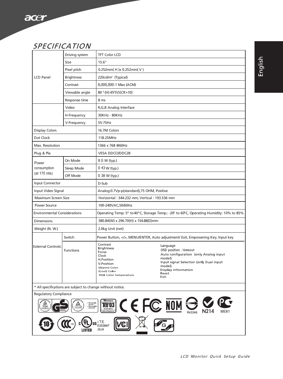 Specification | Acer X163WL User Manual | Page 3 / 55